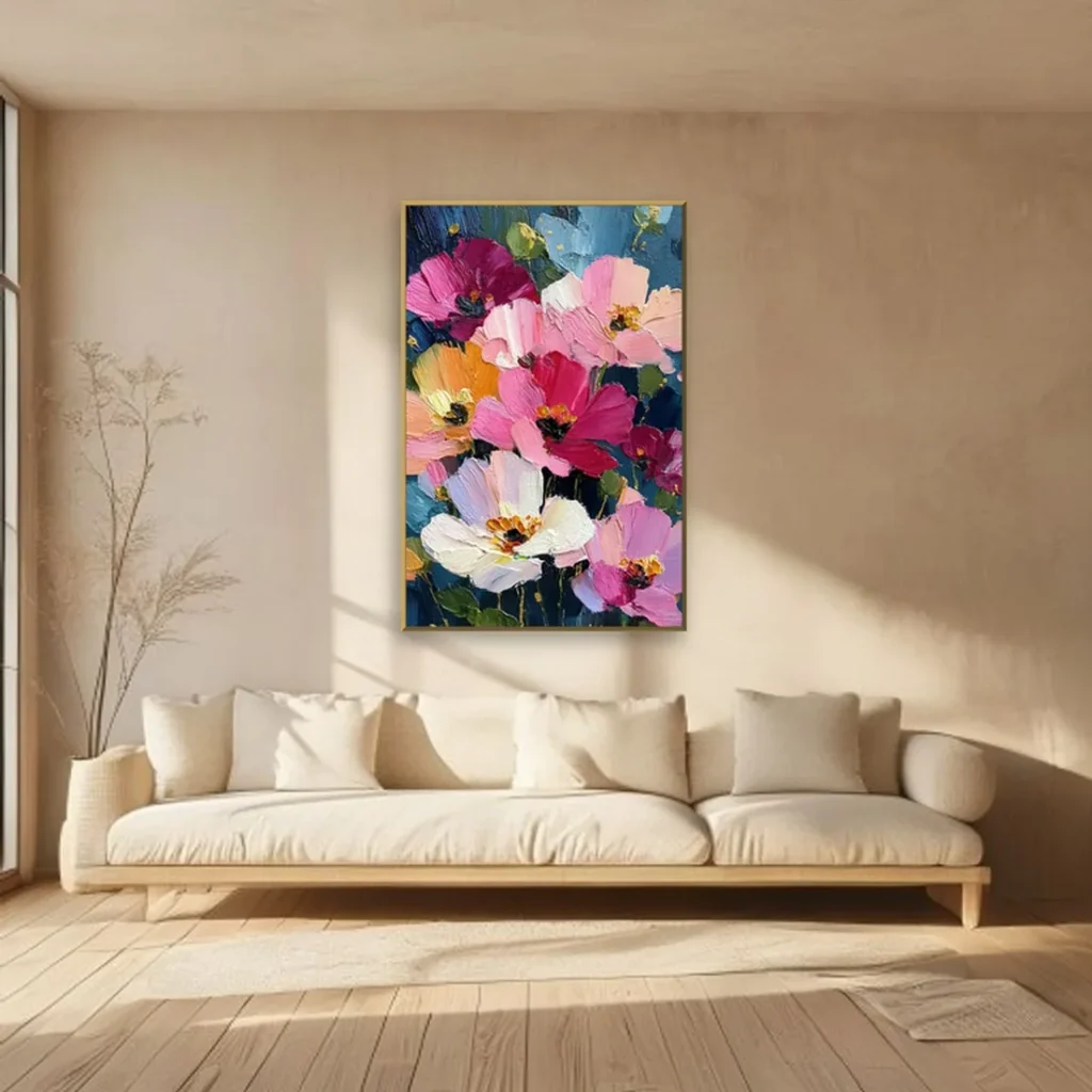 Heavy impasto floral painting of magenta, blush and white poppies over a navy ground, framed in slim gold above a low cream linen sofa with dried pampas grass in a beige japandi living room.