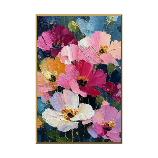 A large vertical textured painting of pink, magenta, white and orange poppies with dark centers against a deep blue ground, built in thick raised palette-knife impasto with gold flecks.