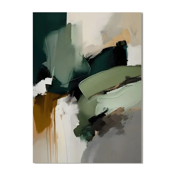 A large vertical wabi-sabi abstract of sage green, deep green, cream, tan and gray in soft blocks, with earthy tones, gentle drips and open negative space.