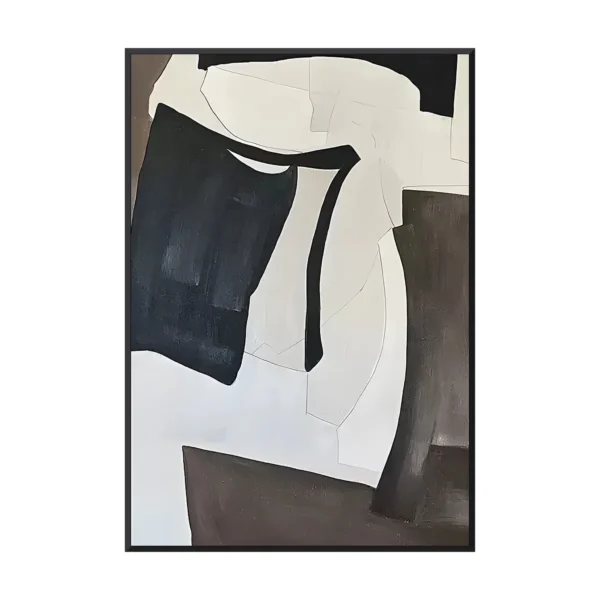 Bold acrylic abstract of navy black and cream torn shapes over a dark brown column, framed in thin black on a white wall above a gray sofa and tan chair, minimalist black and white canvas wall art