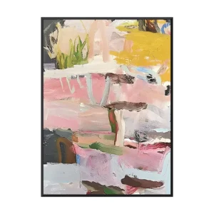 Gestural acrylic abstract layering pink, mustard yellow, gray and white broad strokes with drips, hung frameless on a pale blue wall above a blush pink sofa and cacti, colorful abstract canvas wall art