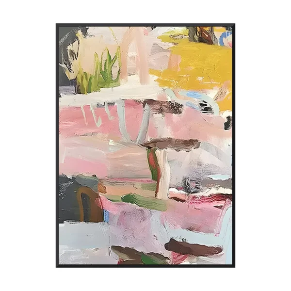 Pink and mustard abstract floral canvas AA12 black frame white background