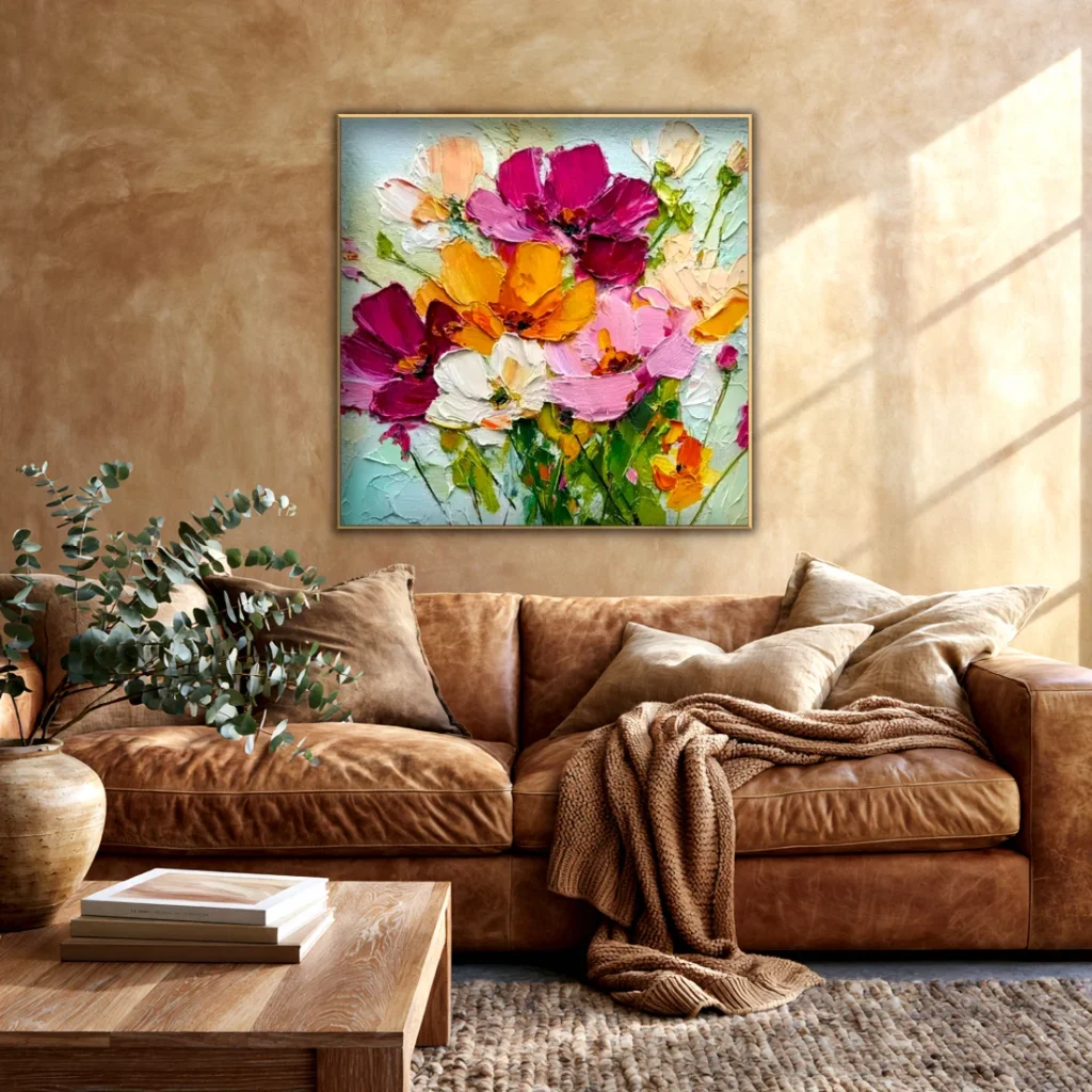 Magenta & green impasto floral blossom canvas painting CA02 shown in a styled interior