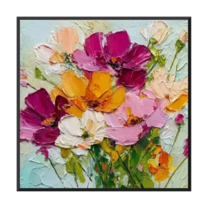 Magenta & green impasto floral blossom canvas painting CA02 black frame white background