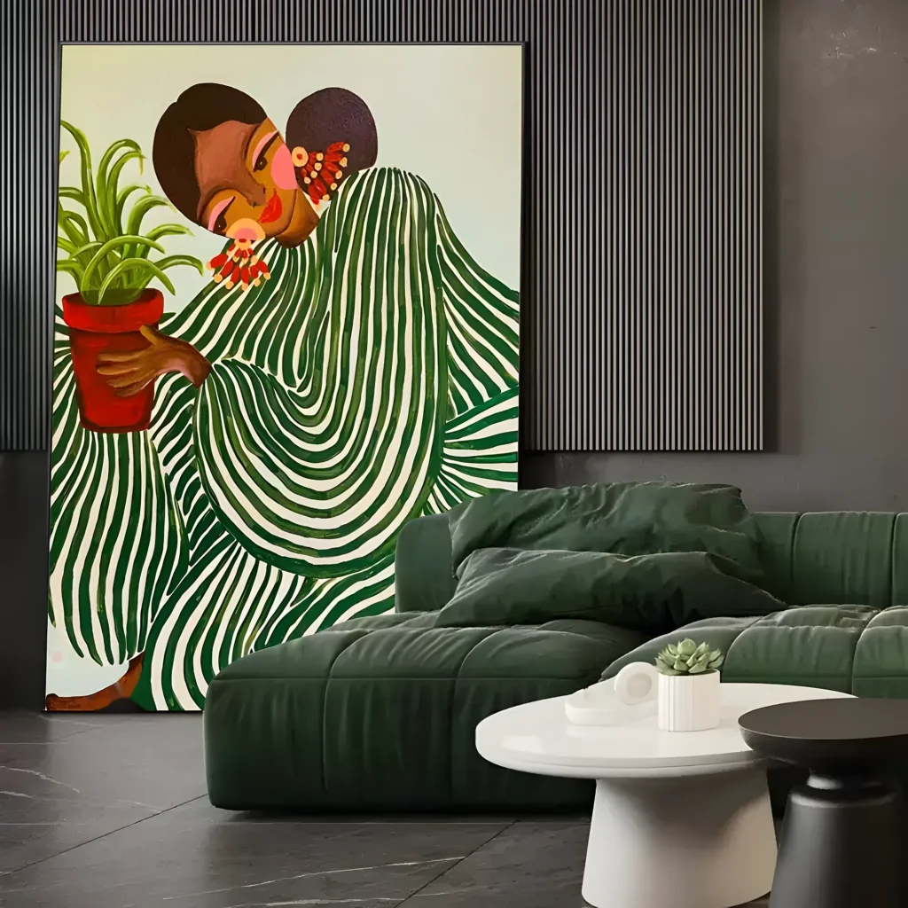 Green and white embracing figures painting displayed as framed wall art in a scandinavian living room