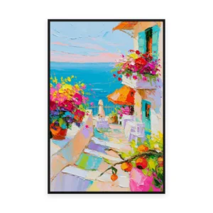A tall vertical maximalist palette-knife painting of a Mediterranean village in hot pink, orange and turquoise with flower-draped terraces above the sea, in thick vivid impasto color