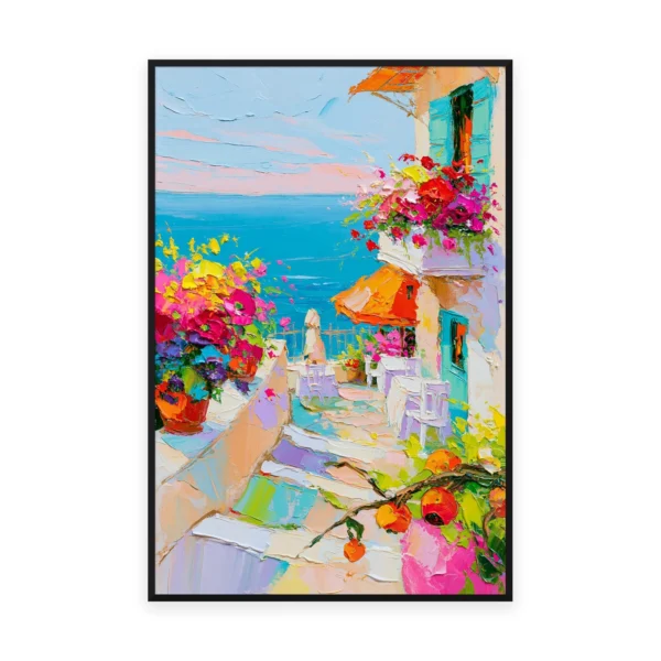 A tall vertical maximalist palette-knife painting of a Mediterranean village in hot pink, orange and turquoise with flower-draped terraces above the sea, in thick vivid impasto color