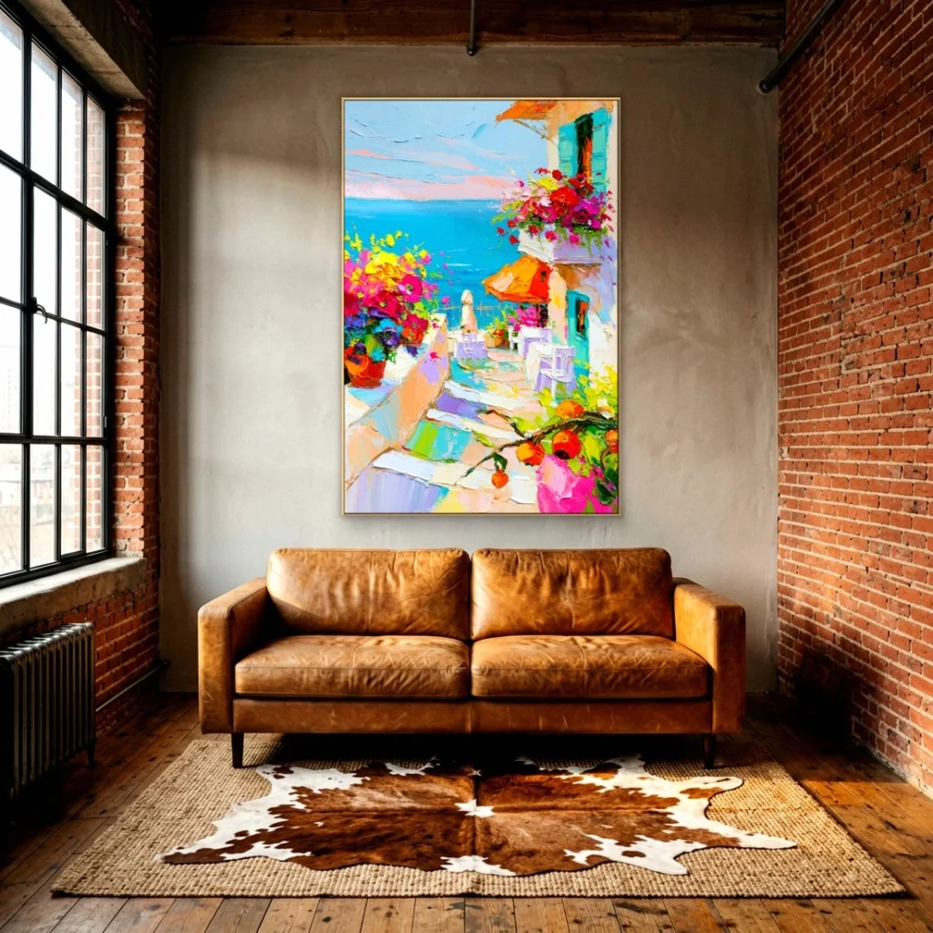 Vivid flowering coastal village impressionist canvas in an elegant living room