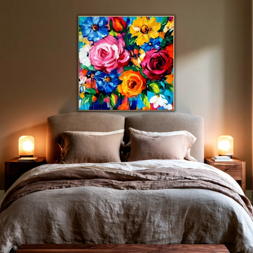 Magenta and blue impasto maximalist flower painting CA20 shown in a styled interior