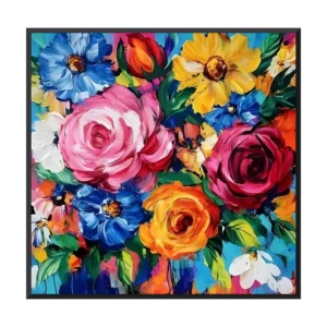 Magenta and blue impasto maximalist flower painting CA20 black frame white background