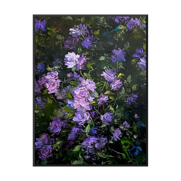Palette-knife oil painting of purple and lavender roses blooming against a dark leafy background, framed above a white sideboard with tulips and a potted palm, moody purple floral canvas wall art