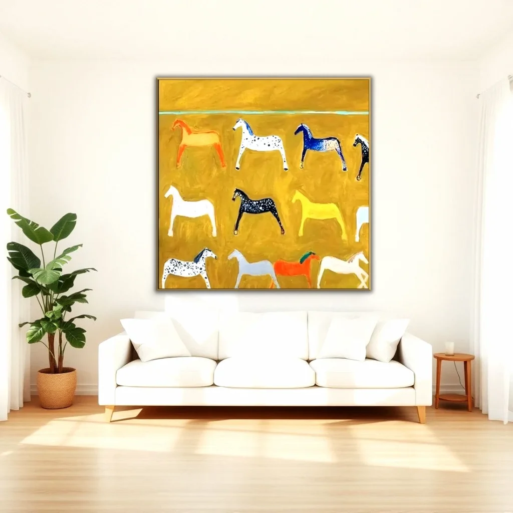 Golden yellow naive folk horses canvas painting CA37 shown in a styled interior