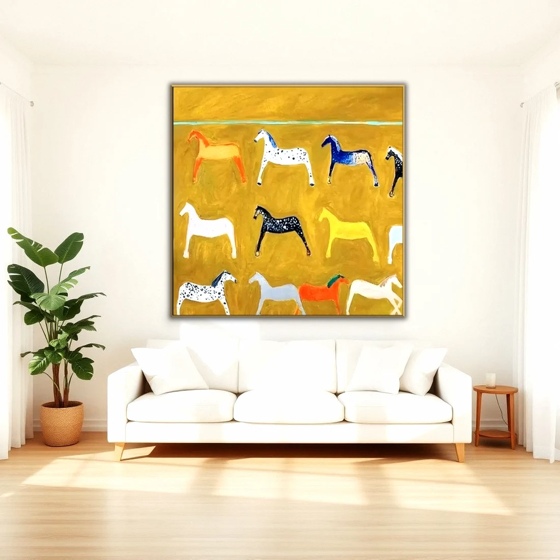 Golden yellow naive folk horses canvas painting CA37 shown in a styled interior
