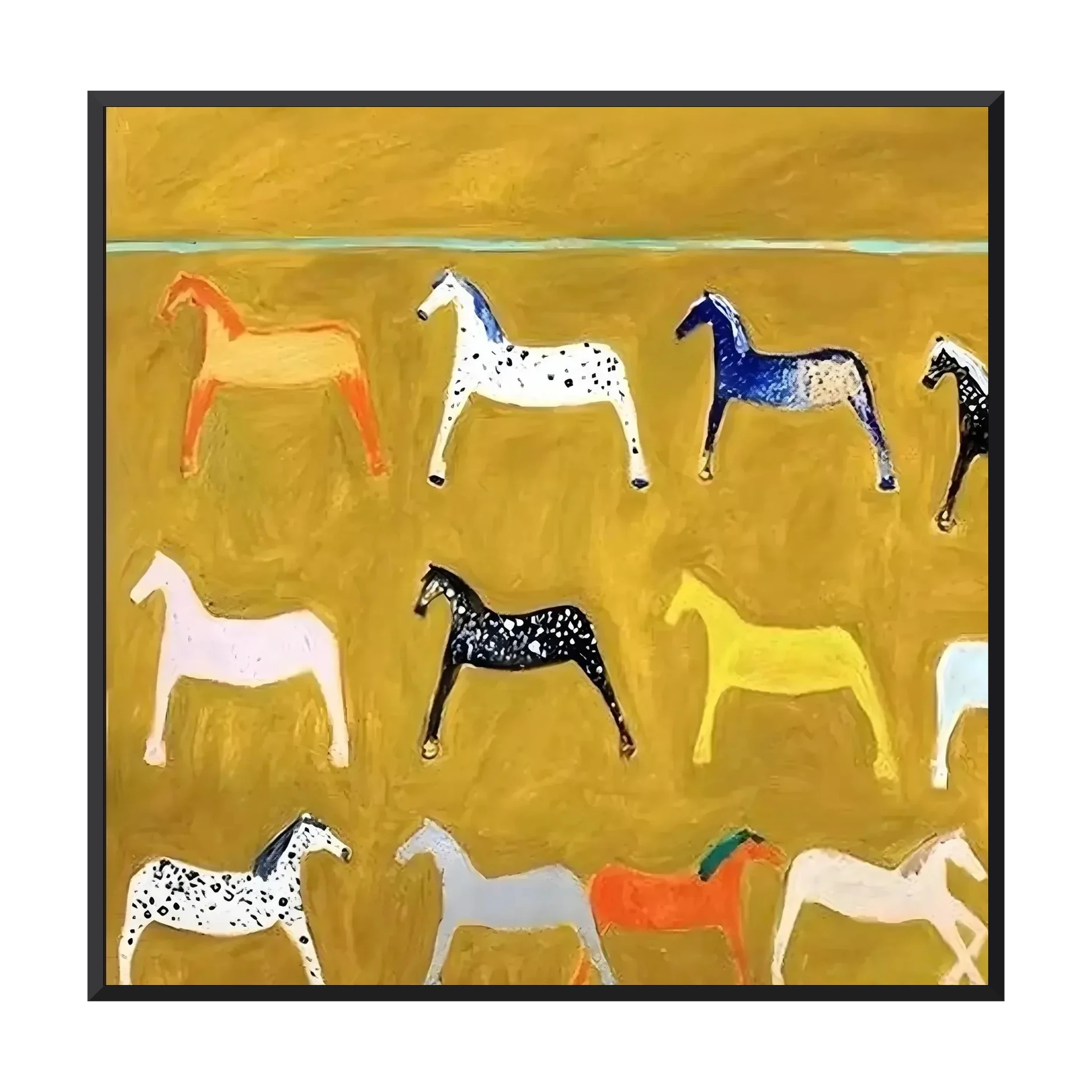 Naive folk oil painting of eleven small horses in orange, white, navy, black, yellow and gray arranged in rows on a golden mustard ground, framed canvas wall art, thin gold frame