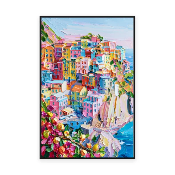 A tall vertical vibrant palette-knife painting of a pastel Italian cliffside village of pink, blue and yellow houses above the sea, with bright flowers in thick impasto in front