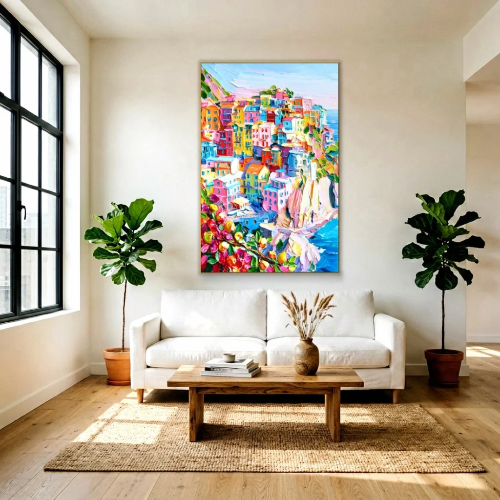 Colorful cliffside village over the sea canvas in a bright living room