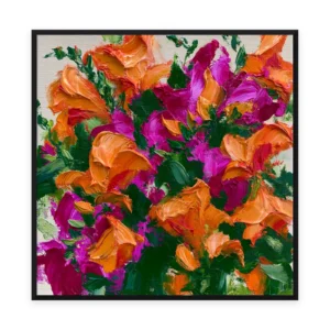 A large square palette-knife painting of bold orange and magenta flowers crowded across the canvas in thick impasto strokes, hand-painted in saturated color with rich texture on every petal