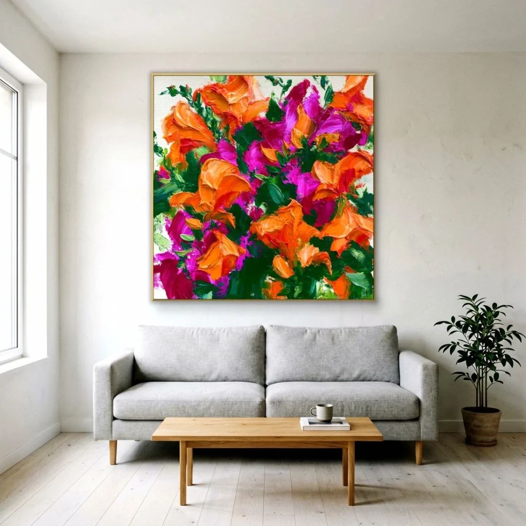 Vivid orange and magenta floral canvas in a Scandinavian living room