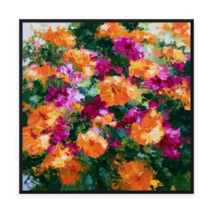 A large square palette-knife painting of orange and magenta garden flowers blazing across green foliage in thick impasto strokes, hand-painted in saturated color with bold texture