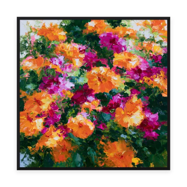 A large square palette-knife painting of orange and magenta garden flowers blazing across green foliage in thick impasto strokes, hand-painted in saturated color with bold texture