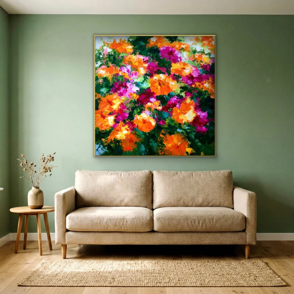 Vivid orange magenta garden flowers canvas in an elegant living room
