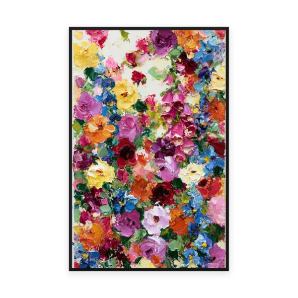 A tall vertical palette-knife painting of a dense mass of yellow, blue, red and pink flowers in thick impasto strokes, hand-painted in saturated maximalist color filling the canvas
