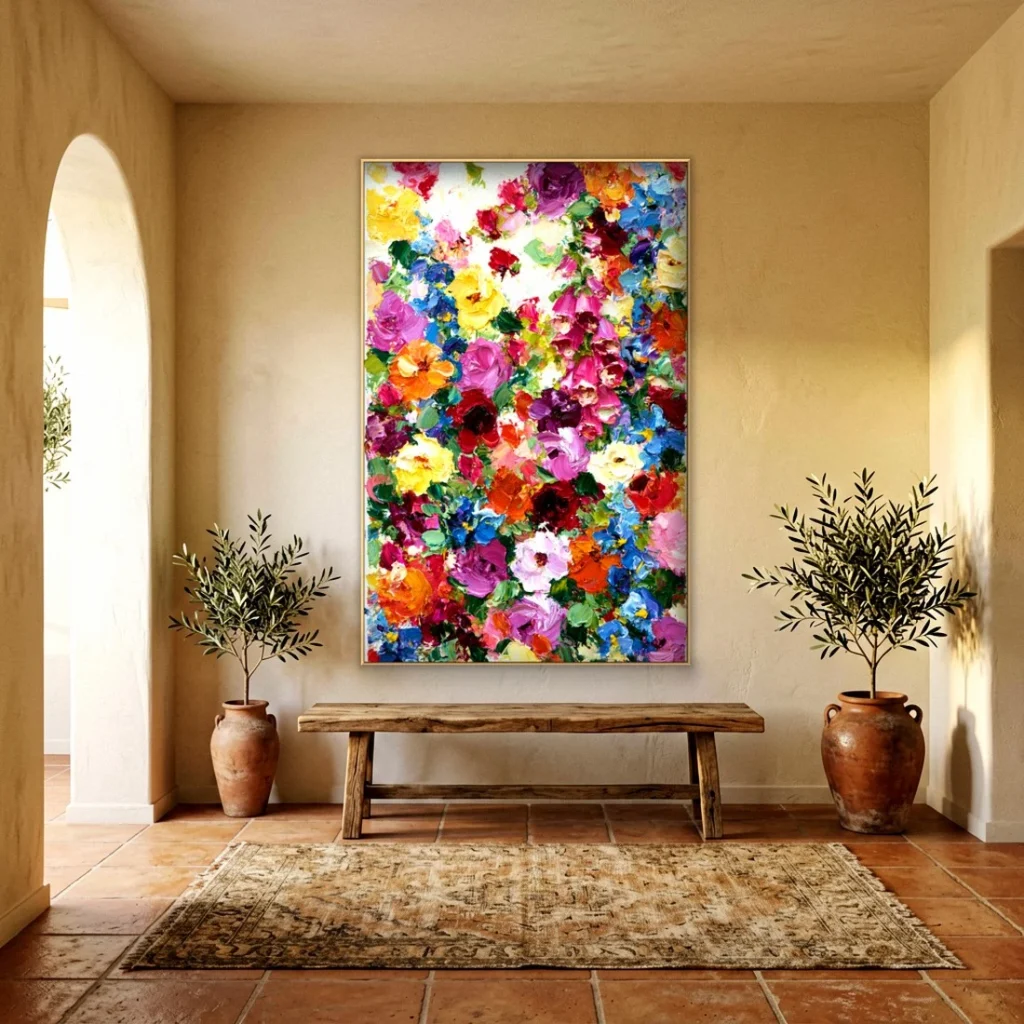 Bright mixed flower garden canvas in an elegant living room