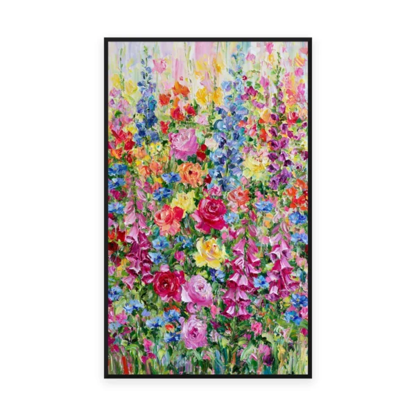 A tall vertical palette-knife painting of a dense garden of pink, red, blue and yellow flowers in thick impasto strokes, hand-painted in saturated maximalist color filling the canvas