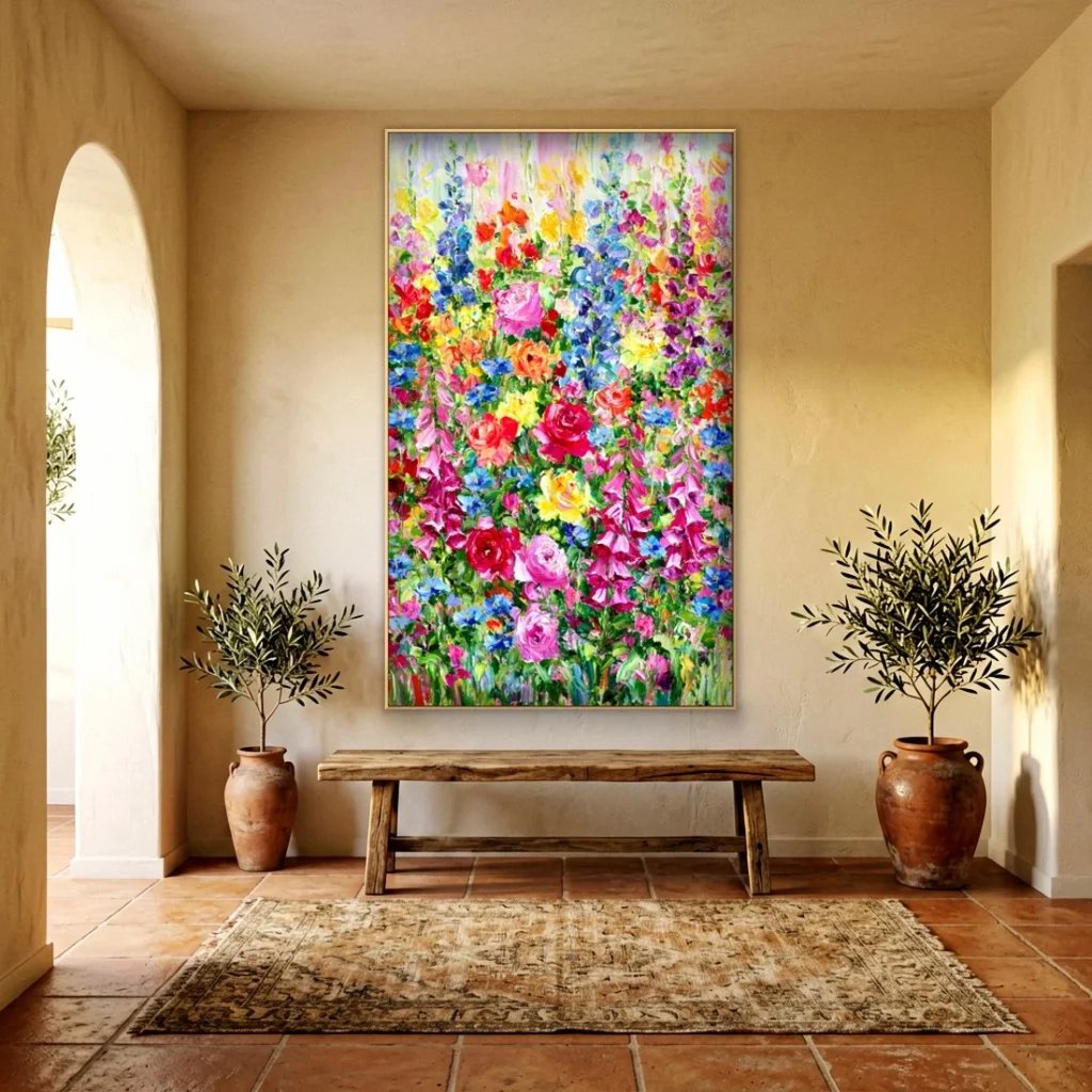 Bright tall flower garden canvas in an elegant living room