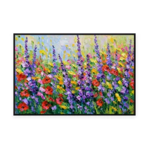 An oversized horizontal palette-knife painting of purple, red and yellow wildflowers filling a bright meadow in thick impasto strokes, hand-painted in saturated dense color