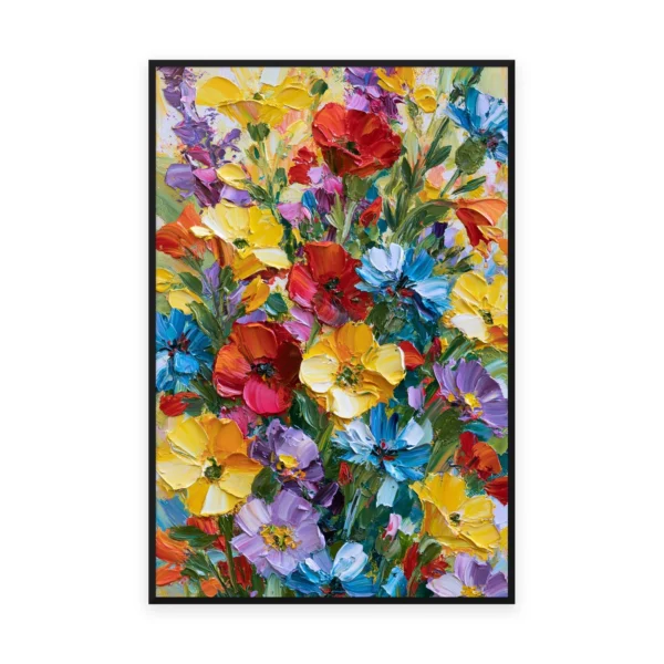 A tall vertical palette-knife painting of a dense mass of red, yellow, blue and purple flowers in thick impasto strokes, hand-painted in saturated maximalist color filling the canvas