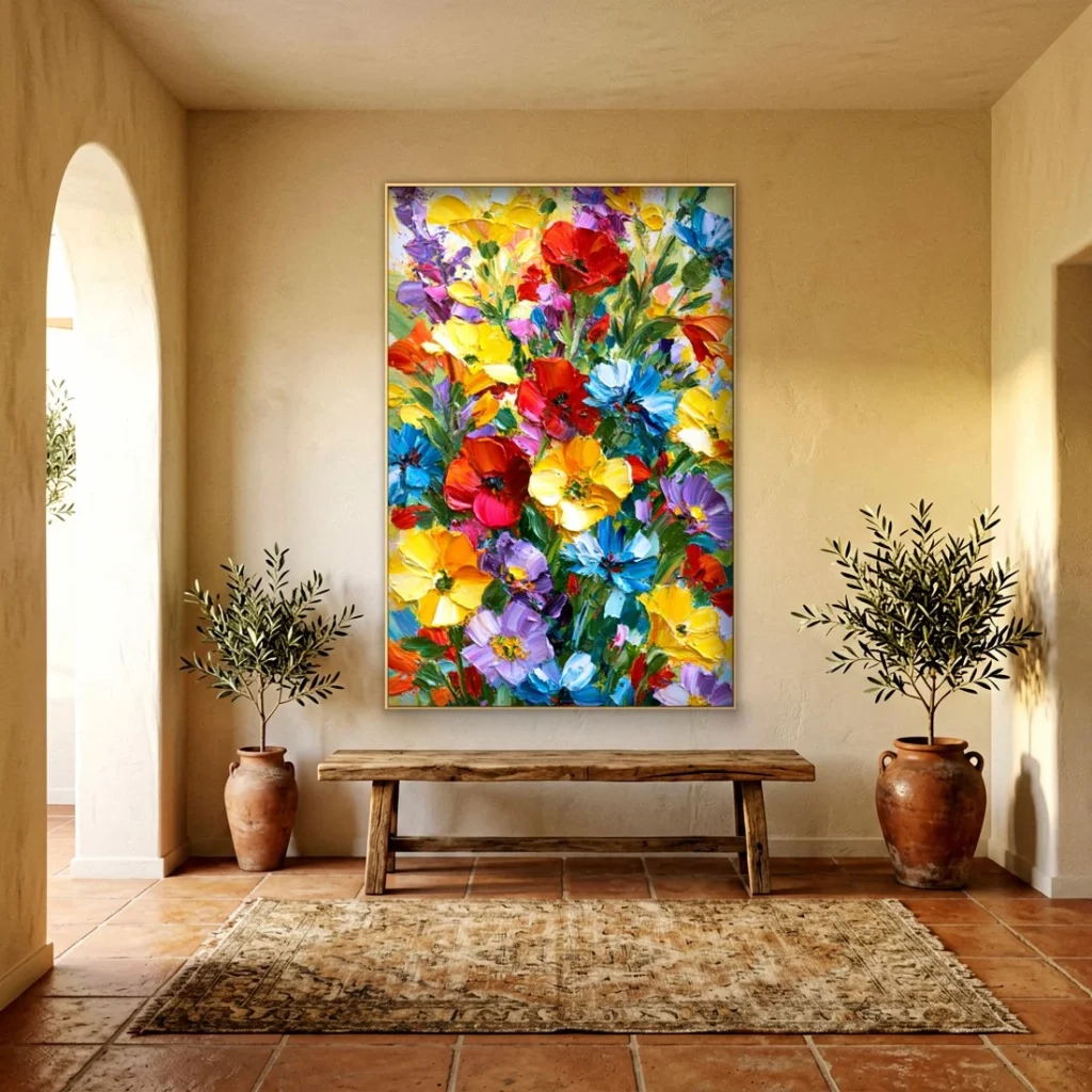 Bright mixed flower bouquet canvas in an elegant living room