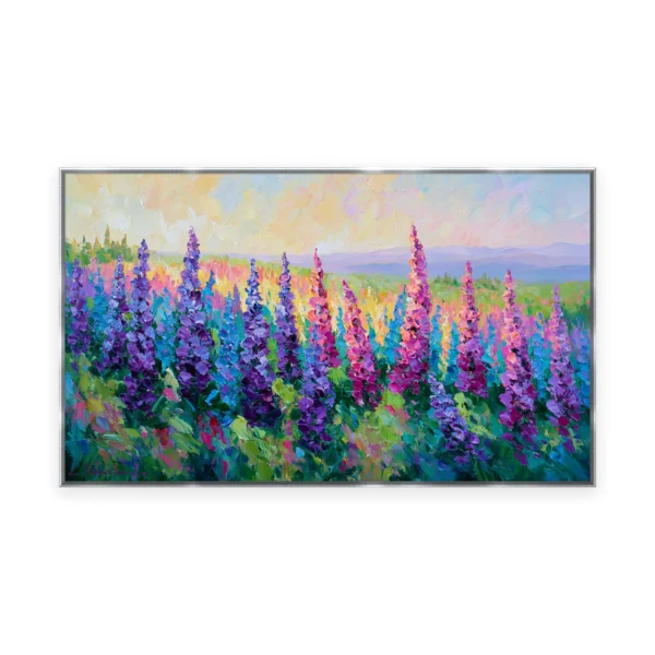 An oversized horizontal palette-knife painting of purple and pink flower spires filling a soft meadow under a warm sky, in thick impasto strokes with saturated lively color