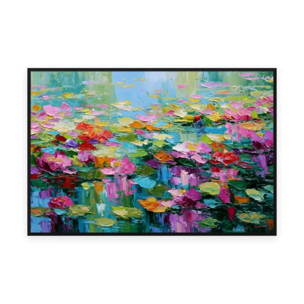 An oversized horizontal palette-knife painting of bright water lilies floating across a shimmering green pond, in thick impasto strokes with vivid color and reflected light