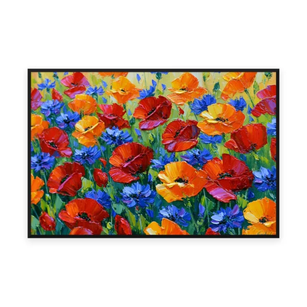 An oversized horizontal palette-knife painting of scarlet poppies and blue cornflowers scattered across a sunlit green field, in thick textured strokes. Vivid summer meadow wall art.