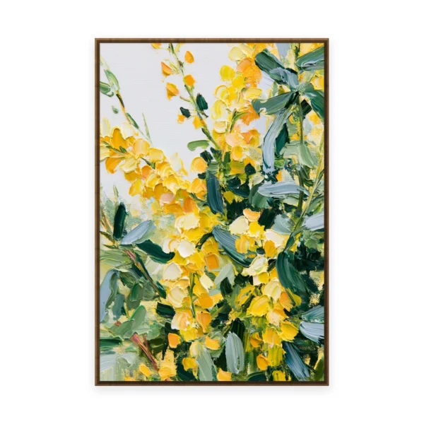 A tall vertical palette-knife painting of bright yellow blossoms trailing down branches over green leaves in thick impasto strokes, hand-painted in cheerful saturated color