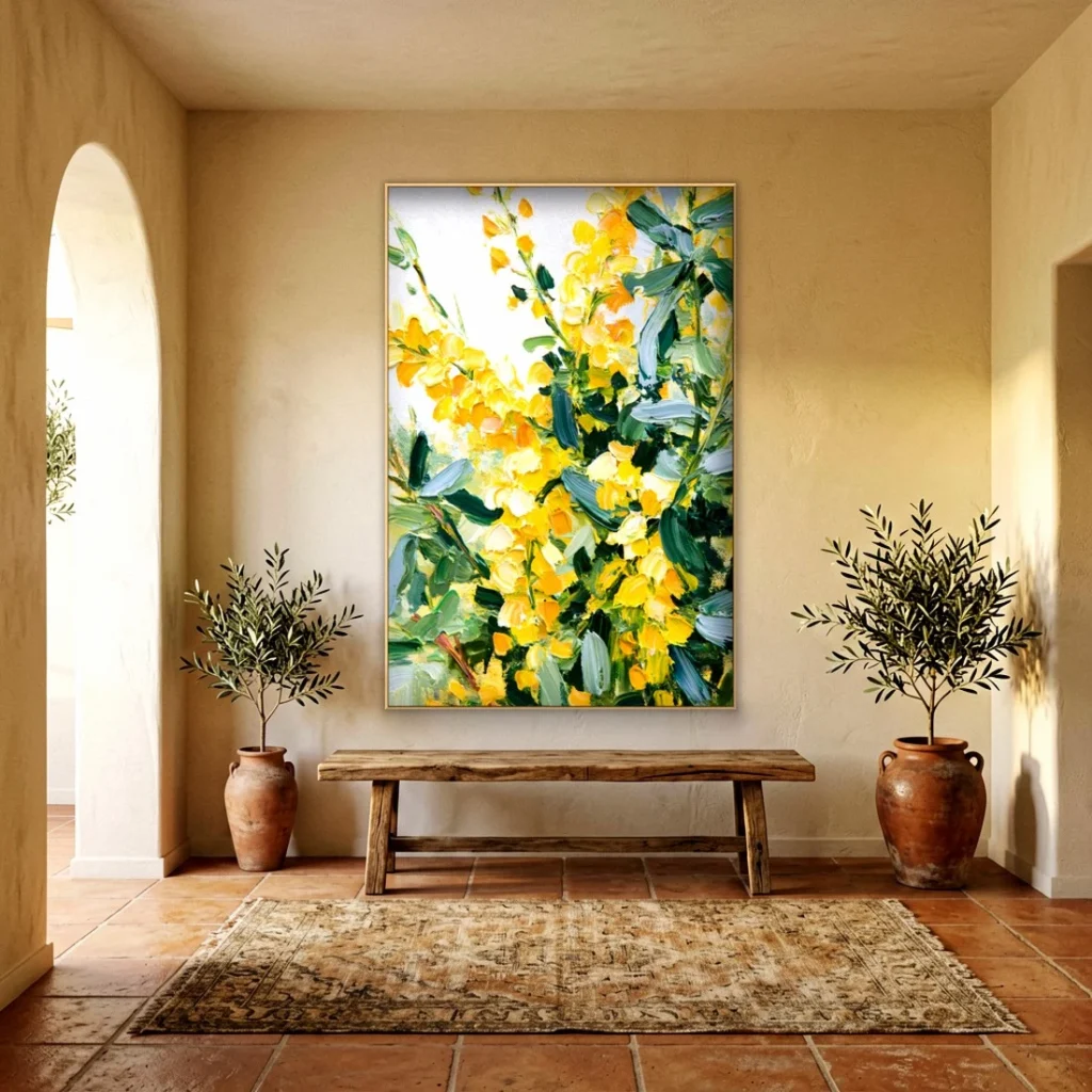 Sunny yellow blossom branch canvas in an elegant living room