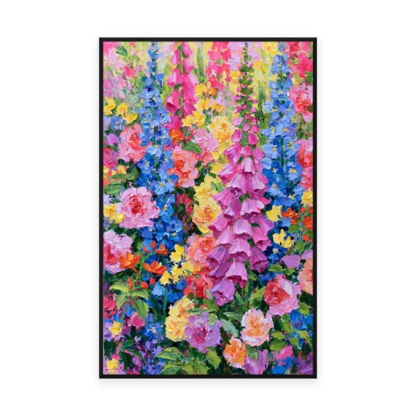 A tall vertical palette-knife painting of tall spires of pink, blue and yellow flowers filling the canvas in thick impasto strokes, hand-painted in saturated maximalist color