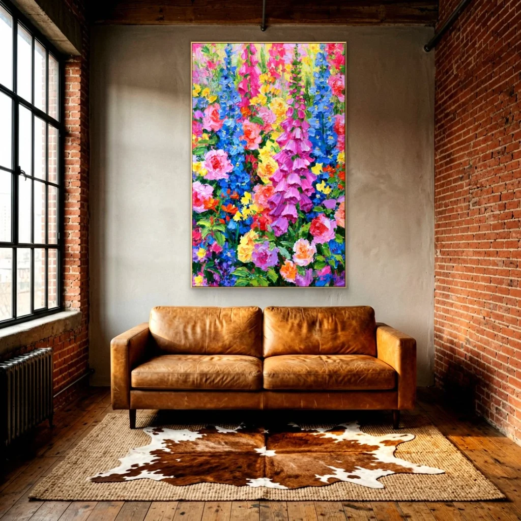 Bright tall flower spire garden canvas in an elegant living room