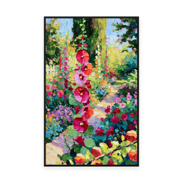 A tall vertical palette-knife painting of pink and red hollyhocks climbing a lush green cottage garden, in thick impasto strokes with saturated lively color