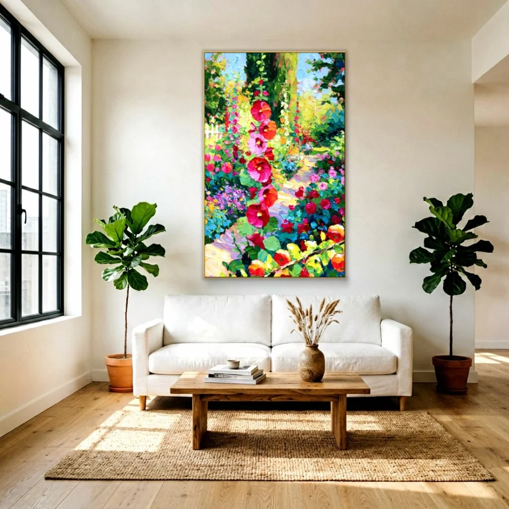 Pink hollyhock cottage garden canvas in a bright living room