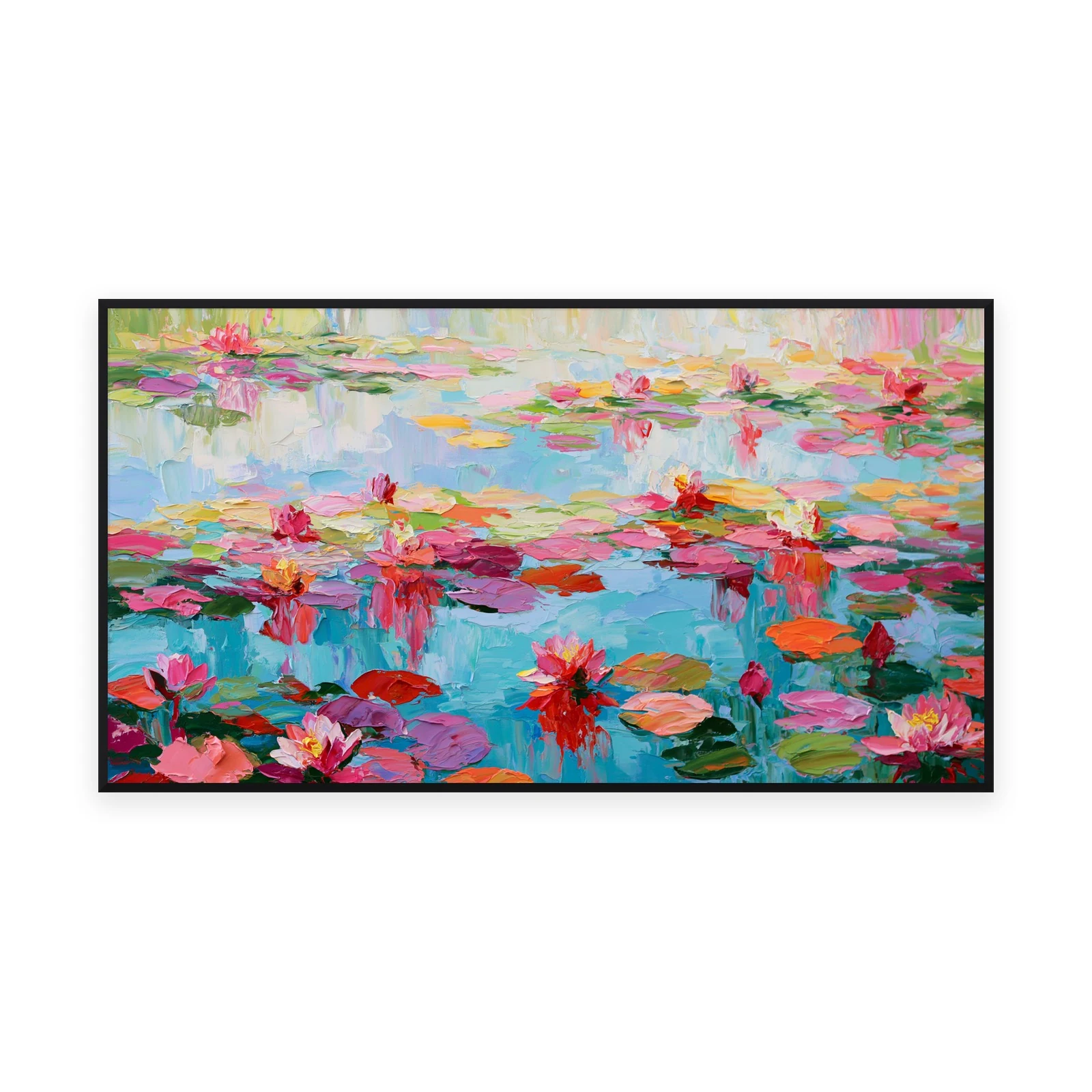 An oversized horizontal palette-knife painting of pink water lilies floating across a bright turquoise pond, in thick impasto strokes with vivid color and reflected light