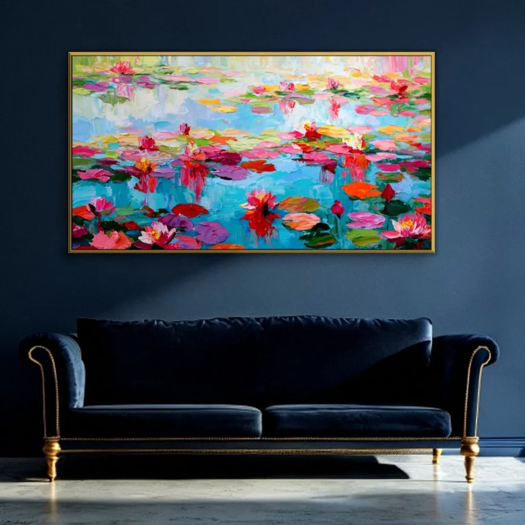 Pink water lily pond canvas in a moody living room
