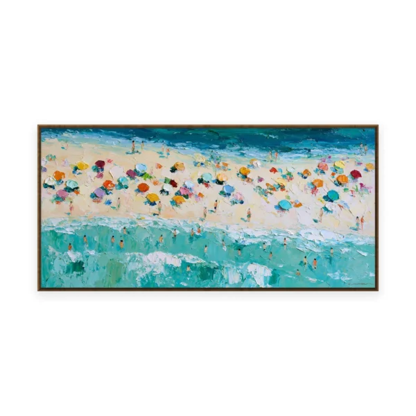 An oversized horizontal palette-knife painting of bright beach umbrellas scattered across the sand from above beside turquoise water, in thick impasto dabs of cheerful color