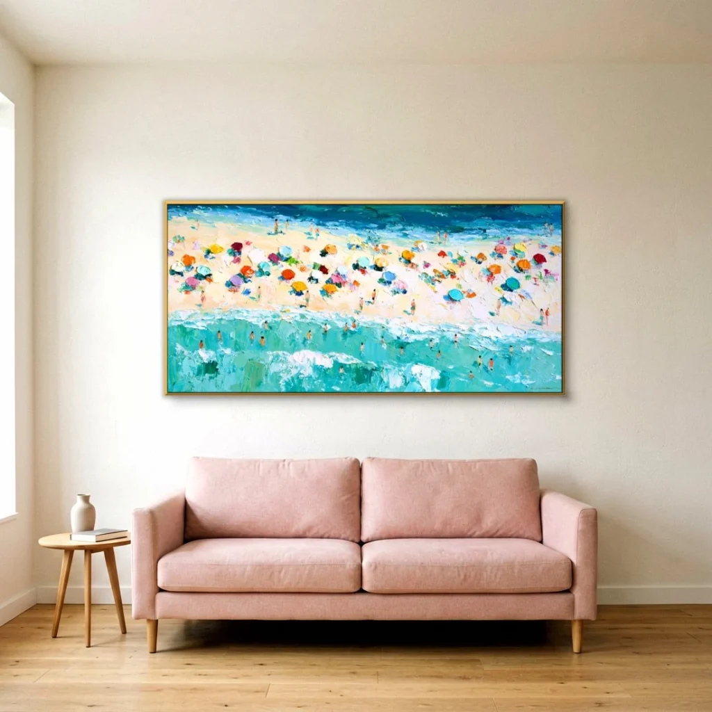 Colorful beach umbrellas from above canvas in a living room