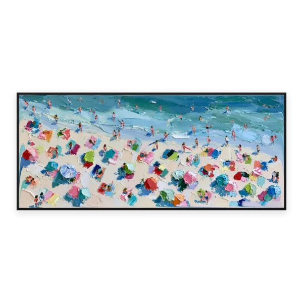 An oversized horizontal palette-knife painting of bright beach umbrellas crowding the pale sand beside the sea, in thick impasto dabs of cheerful saturated color