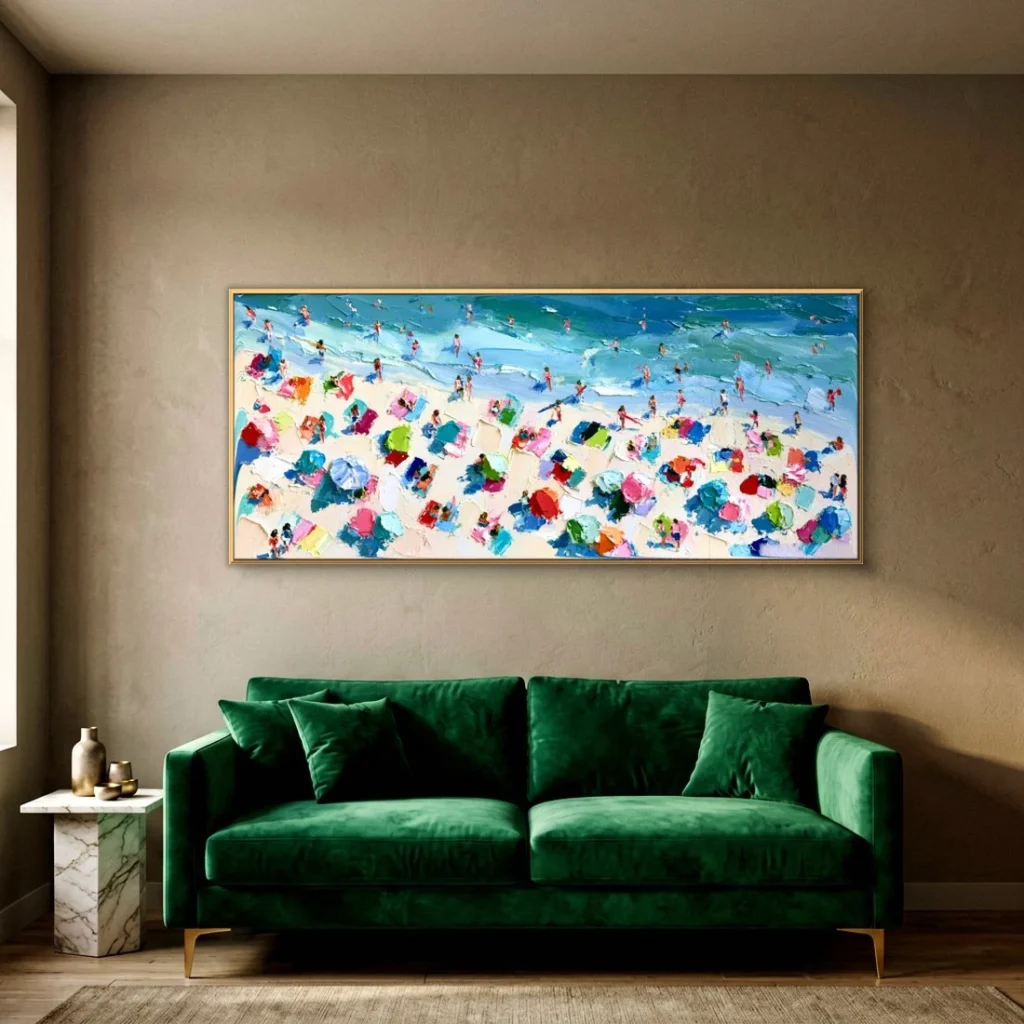 Colorful beach umbrellas on the sand canvas in a moody living room