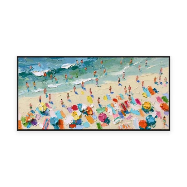 An oversized horizontal palette-knife painting of bright umbrellas and small bathers crowding the sand beside surf from above, in thick impasto dabs of cheerful saturated color