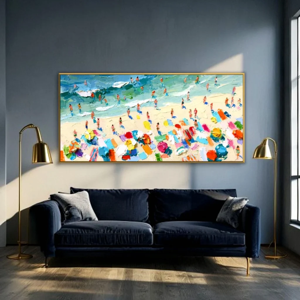 Beach umbrellas and bathers from above canvas in a moody living room