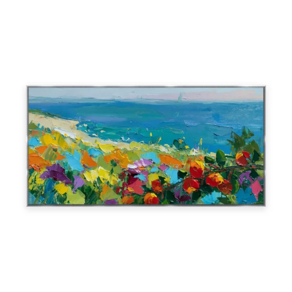 An oversized horizontal palette-knife painting of bright wildflowers crowding a headland above a deep blue sea, in thick impasto strokes with saturated lively color along the cliff